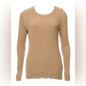 Tory Burch Ribbed Cashmere-Blend Sweater w/ Gold Buttons Beige M